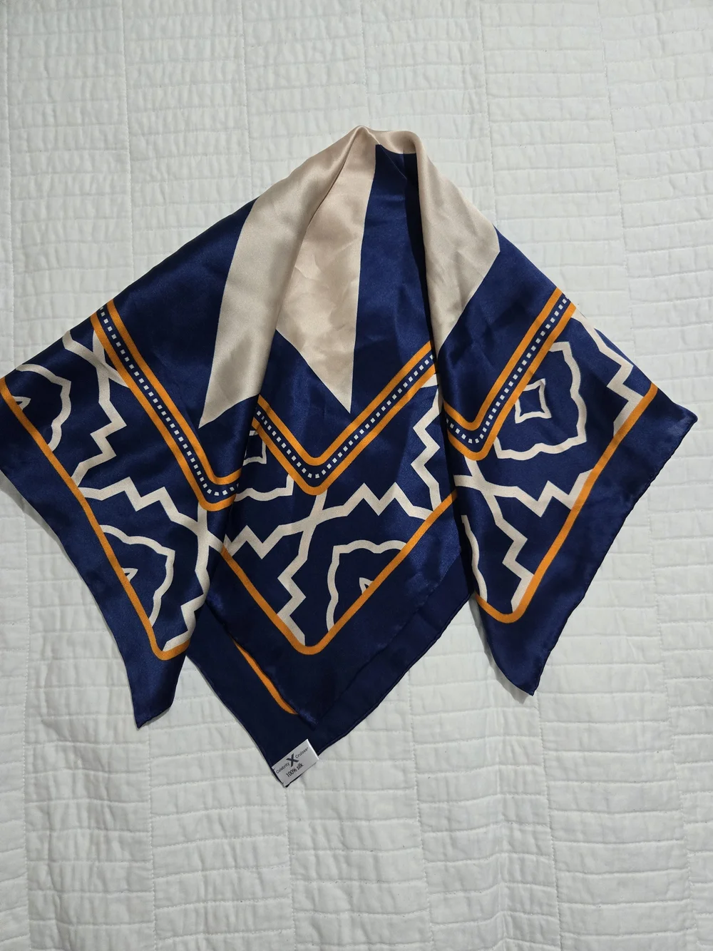 Silk-Feel Navy & Beige Geometric Scarf with Orange Trim
